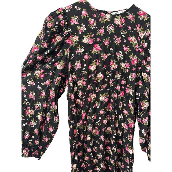 Zara Printed Long Sleeve Black Florals Midi Dress Size Small - Picture 14 of 15